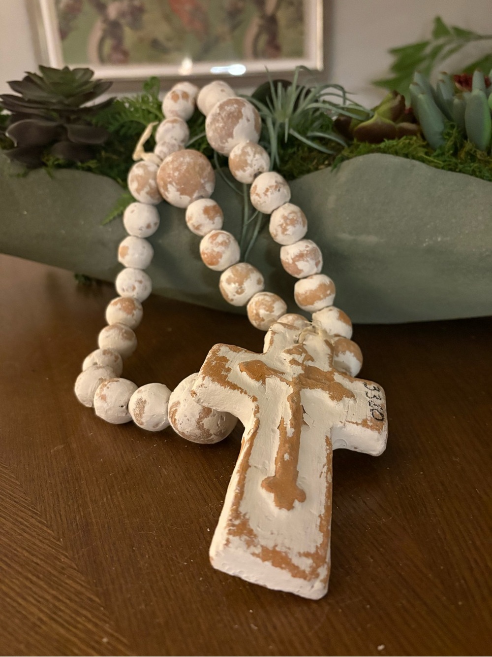 Distressed White Terracotta Decorative Bead and Cross